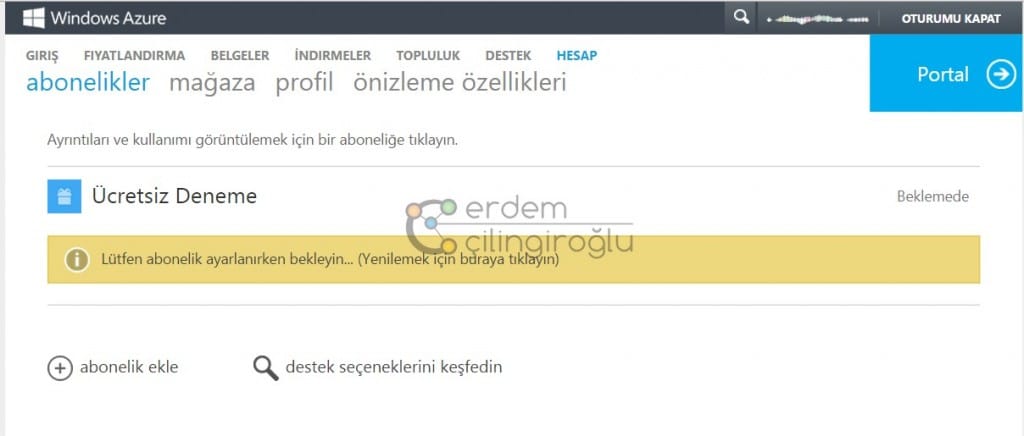 Azure Abonelik Ekranı