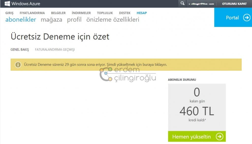 Azure Abonelik Ekranı 2