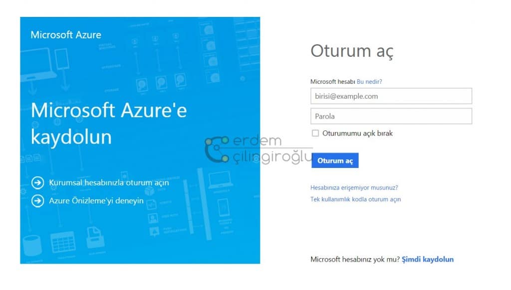Azure login ekranı